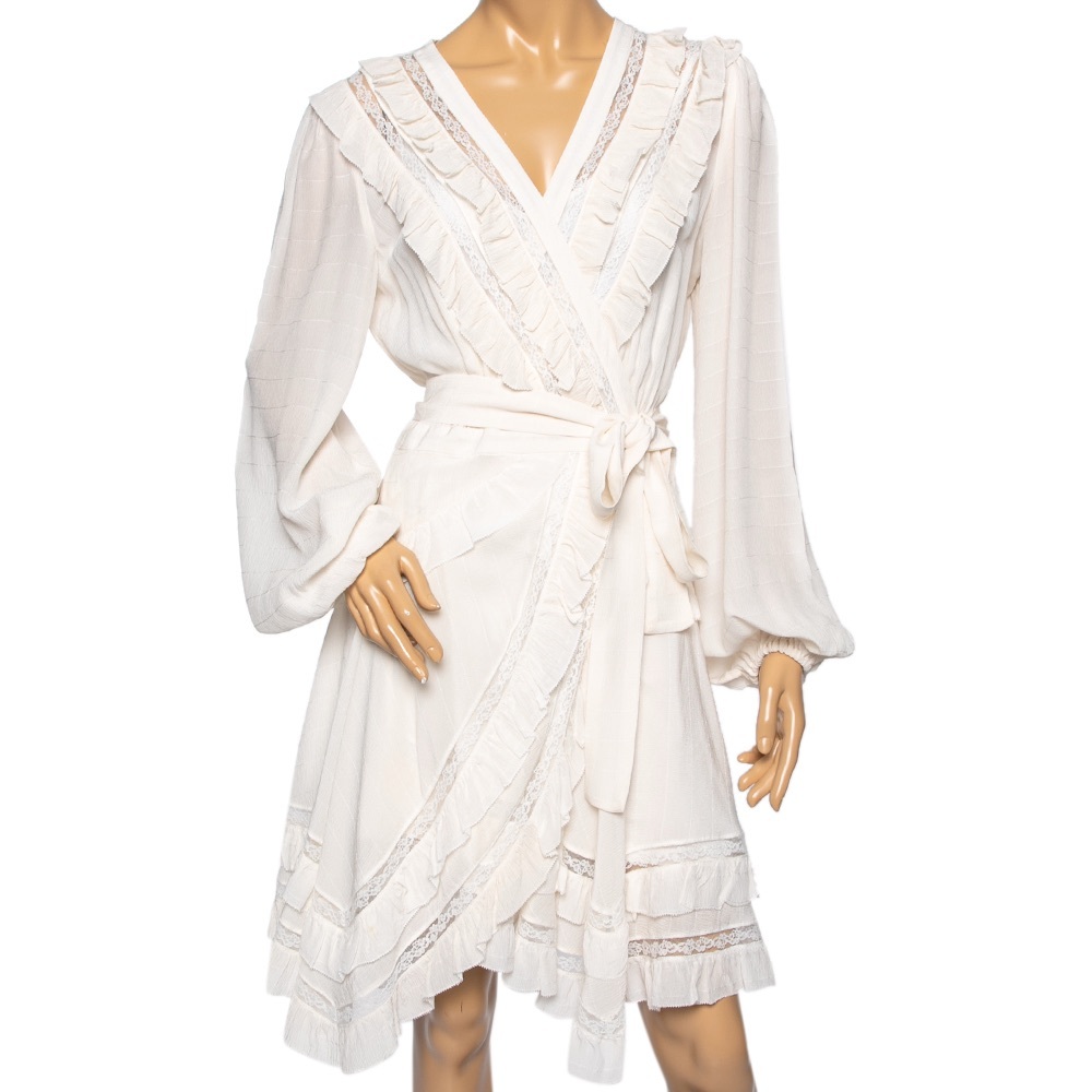 Zimmermann Silk Ivory Moncur Frill Ruffle Wrap Short Dress - XS